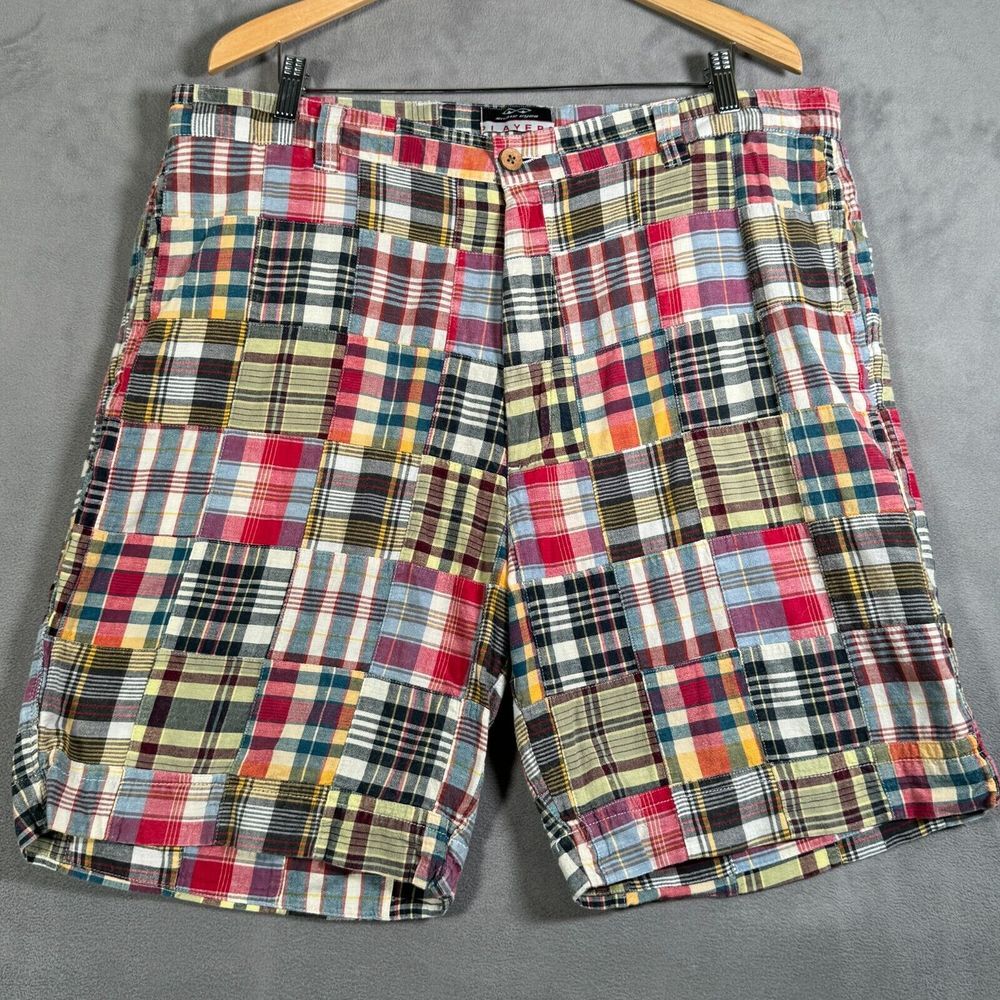 Snake Eyes Mens Golf Shorts Size 38 Red Green Madras Plaid Patchwork 7.5" Inseam